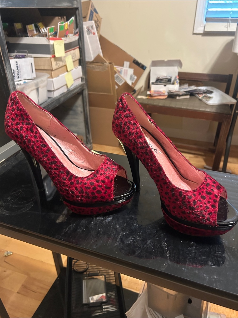 Herstyle Red Leopard Peep-Toe Platform Stilettos size 9